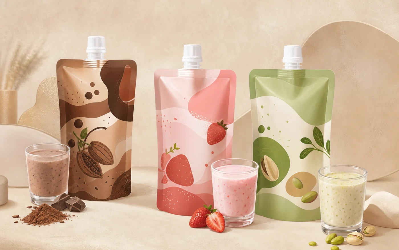 三款彩色袋装冲泡饮品与杯装饮品的原创插画